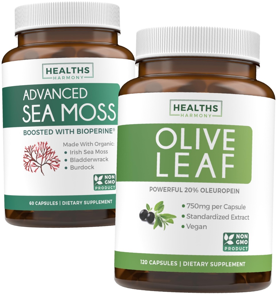 Sea Moss & Olive Leaf Extract (1-Month Supply) Olive Moss Blend - Organic Irish Sea Moss - Raw Vegan Supplement (60 Caps) & Olive Leaf Extract Super Strength: 20% Oleuropein - Vegetarisch (120 Caps)