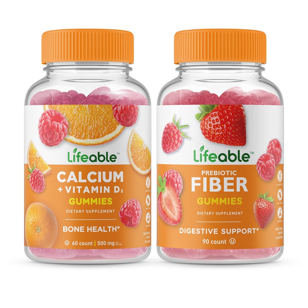 Lebensfähiges Kalzium mit Vitamin D + Prebiotic Fiber 5g, Gummies Bundle - Große Verkostung, Vitamin-Ergänzung, Glutenfrei, GMO frei, Kaubar