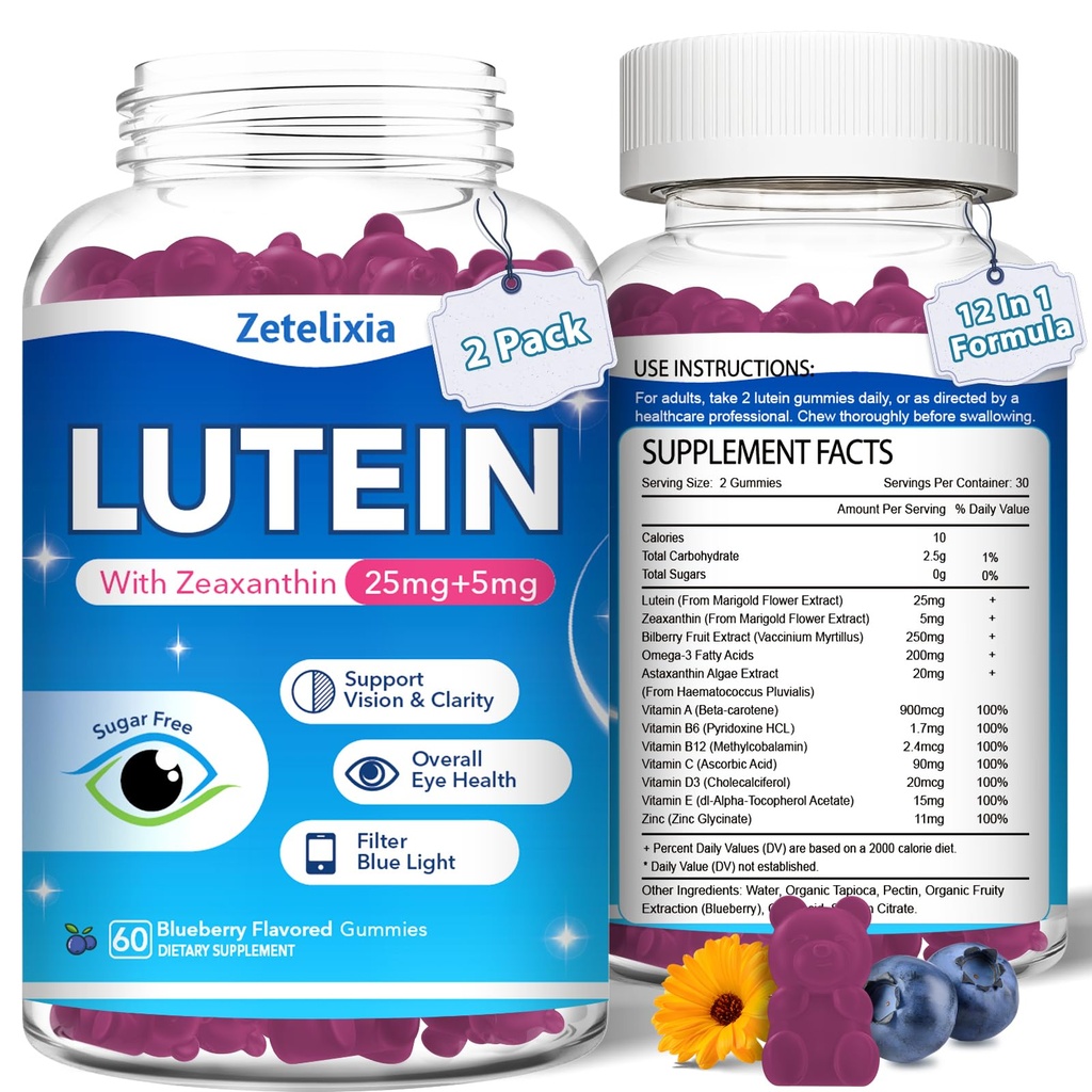 2 Pack Lutein Gummis, 12 in 1 Lutein und Zeaxanthin ergänzt Augen-Vitamine Gummis für Erwachsene, Augengesundheitsergänzung mit mehreren Vitaminen für die Förderung von Auge & Vision - 120 Gummis