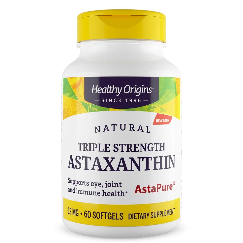 Origines saines Astaxanthine 12 mg (Natural, Astapure, Triple Strength, Non-OGM, Sans gluten, Eye Support, Joint Support, Immune Support), 60 Softgels