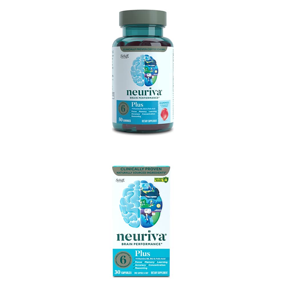 NEURIVA Nootropic Cerveau Support Supplément - Plus Gommies de fraise (50 Compter dans une bouteille) avec Nootropic Cerveau Support Supplément - Plus Capsules (30 Compter dans une boîte)