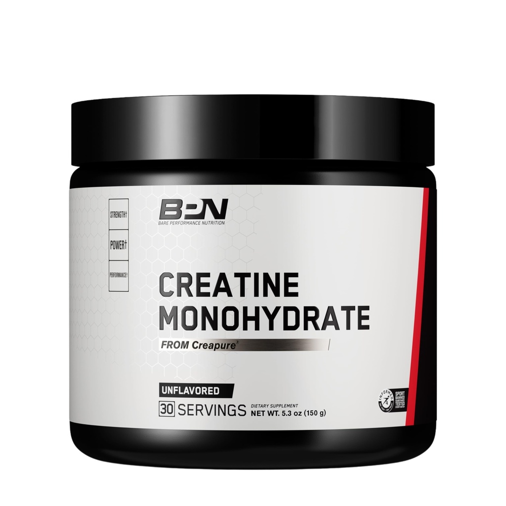 BARE PERFORMANCE NUTRITION, BPN poudre monohydratée de créatine pure par créapure, 5g de créatine par portion, soutient la croissance musculaire, poudre de créatine non aromatisée, 30 portions