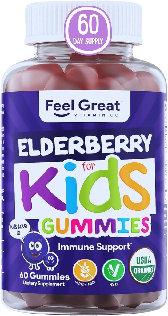USDA Organic Elderberry Gummis für Kinder | Immununterstützung Elderberry mit Zink und Vitamin C - Gluten Free & Vegan Kinder Vitamine - 60 Count | Sambucus Nigra Supplement