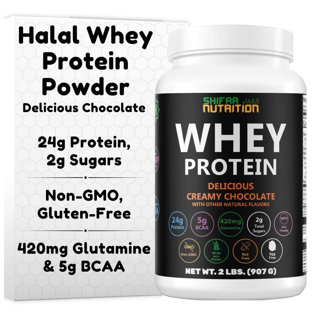SHIFAA NUTRITION 2 Lbs Halal Whey Protein Powder Creamy Chocolate. 24g Protein, 5g BCAAs & 420mg Glutamin. zum Aufbau von Lean Muscles & Recovery. Zuckerfrei, Keto-Friendly, Glutenfrei, Non-GMO