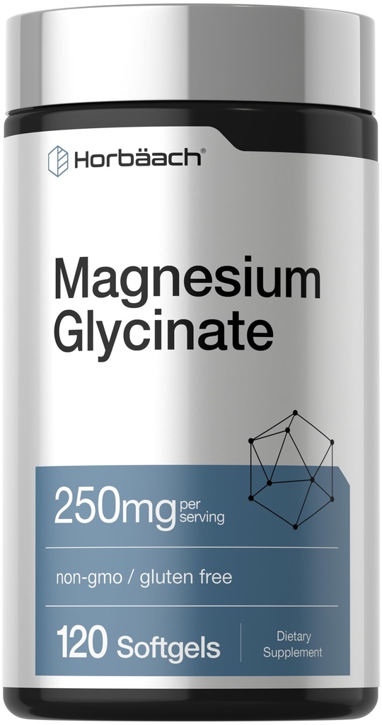 Horbäach Magnesium Glycinat | 250mg | 120 Softgels | Non-GMO und Gluten kostenlose Ergänzung