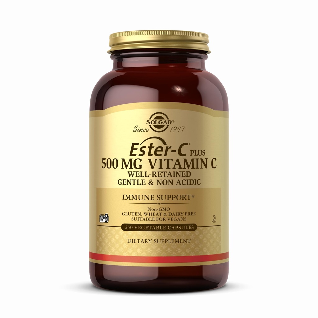 Solgar Ester-C Plus 500 mg Vitamin C (Ascorbate Complex) - 250 pflanzliche Kapseln - Gentle & Non Acidic - Antioxidans & Immununterstützung - Non GMO, Vegan, Glutenfrei, Kosher - 250 Servierungen