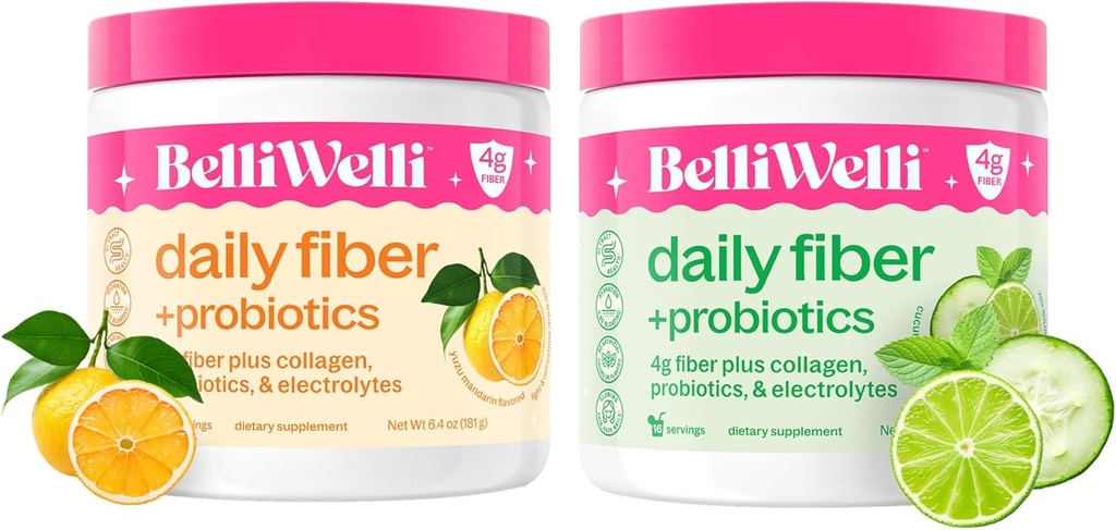 Daily Fiber Supplement Bundle mit zusätzlichen Collagen, Probiotics & Elektrolyten - Cucumber Lime Mint & Orange Yuzu Mandarin Flavors - Unterstützt Verdauungs-Gesundheit, Debloating & Hydration - 32 Portionen Gesamt