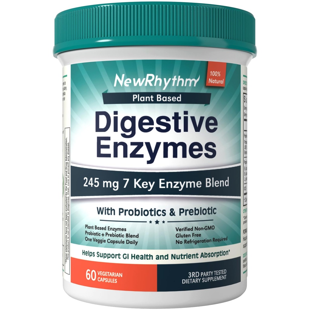 NewRhythm Verdauungsenzyme 245 mg, mit Probiotika und Präbiotika, Pflanzenbasiert, 7 Schlüsselenzyme, Verdauung, Nährstoffabsorption, Protease Amylase & Lipase, 60 Vegankapseln