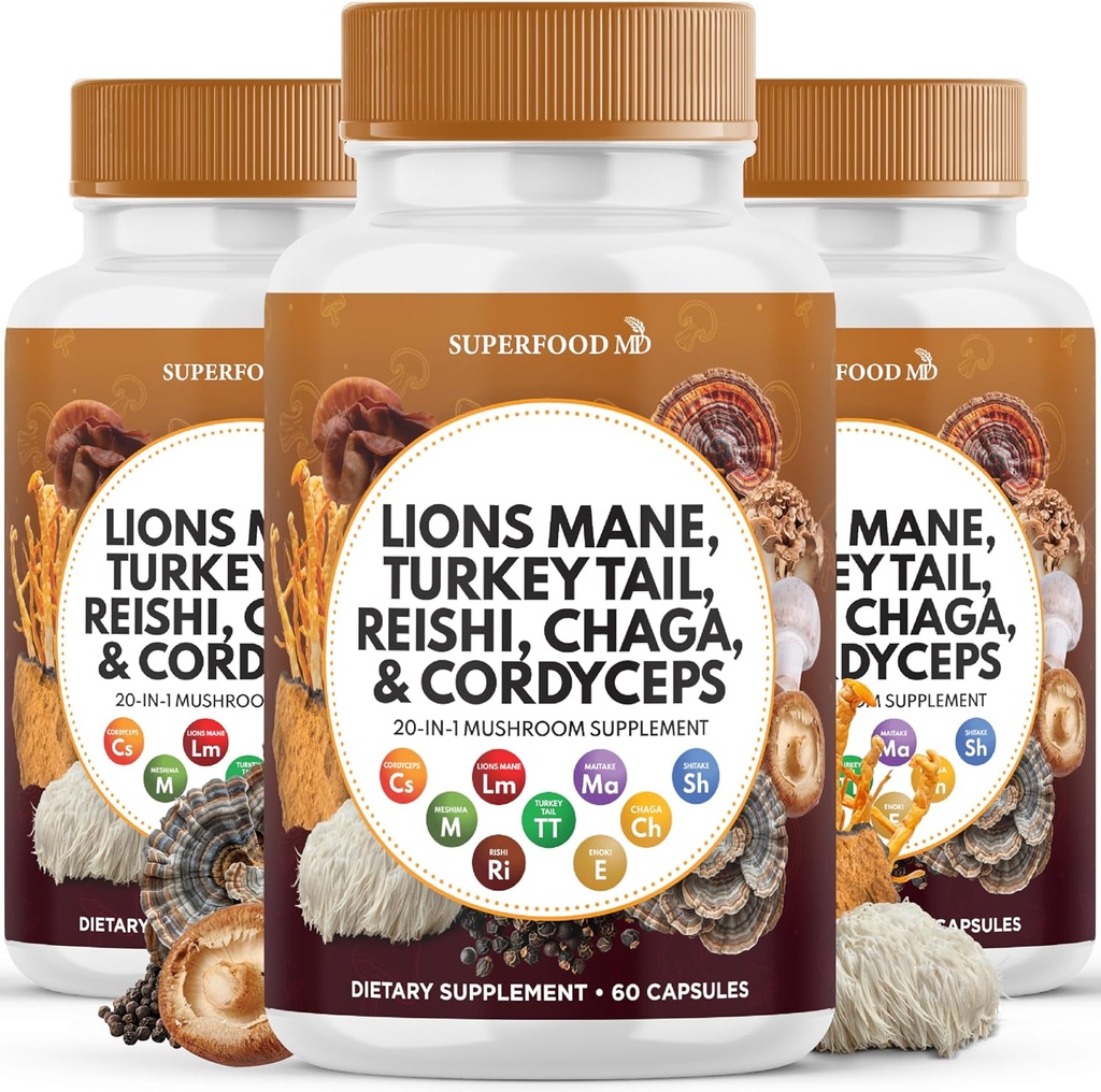 Lions Mane Mushroom Supplement mit Türkei Tail Reishi Cordyceps Chaga mit Marshmallow Root - 180 Count