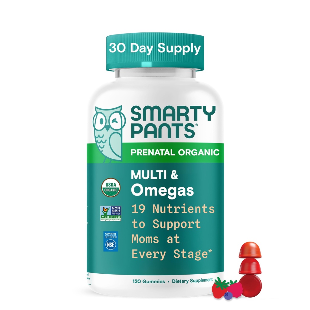SmartyPants Vitamines prénatales organiques pour femmes, Gommies multivitamines : Biotine, Méthylfolate, Oméga 3 (ALA), Vitamine D3, C, Vitamine B12, B6, A, K2 et zinc, Choline, Végétarien, 120 Compte (30 jours)