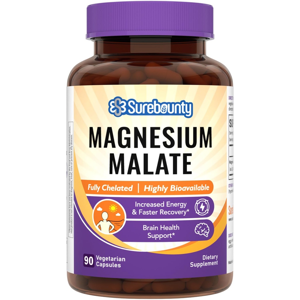 Capsules de malate de magnésium 410mg, Supplément de magnésium, Chélaté, Haute absorption, Production d'énergie et support de contraction, Minéral pour les enfants, les adolescents et les adultes, 90 Capsules végétaliennes