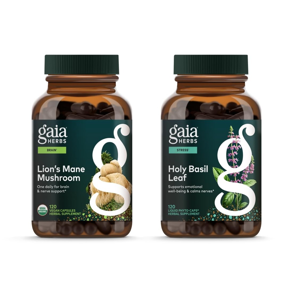 Gaia Herbs Lion's Mane Mushroom - Helfen Sie Neurologische Gesundheit zu erhalten - 120 Vegan Liquid Phyto-Capsules & Heilige Basilikum Blatt - Hilft ein positives Mindset und Balance in Zeiten von Stress - 120 Vegan Li