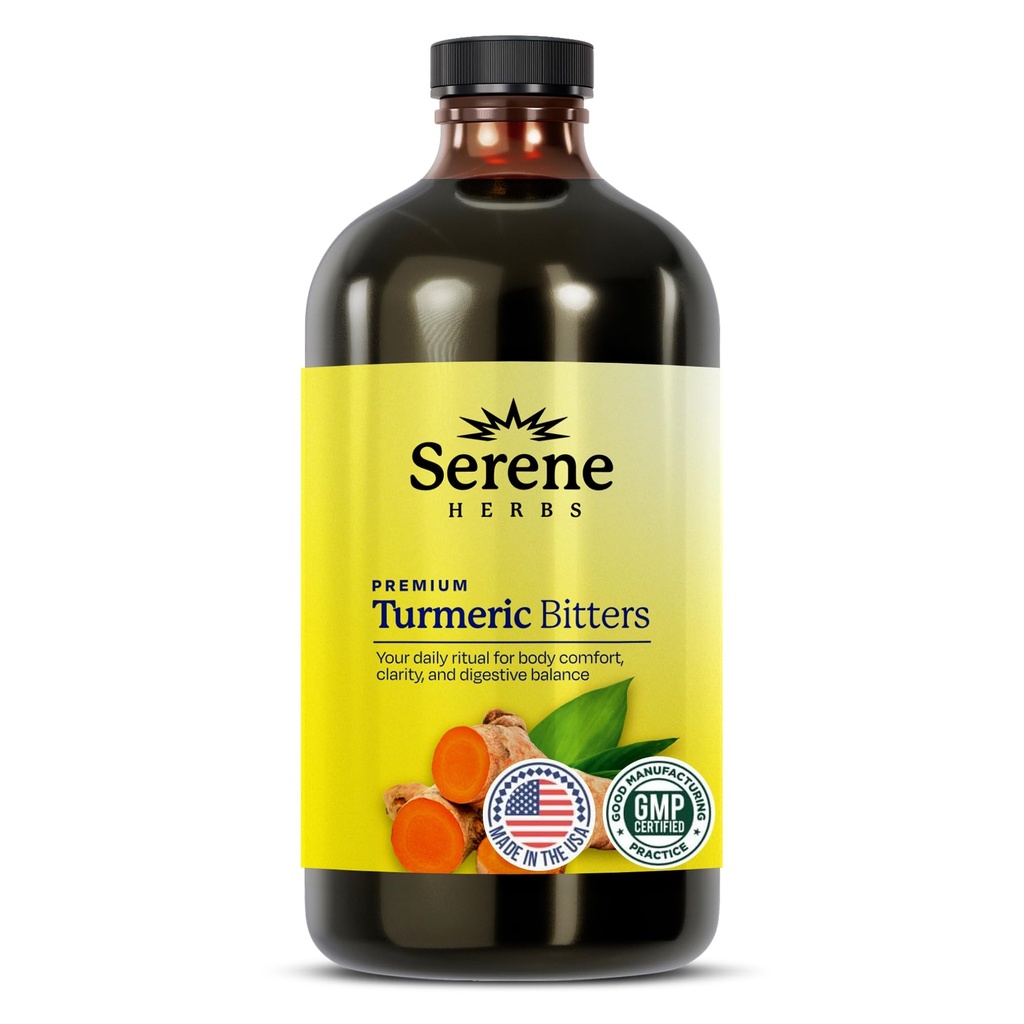 Serene Kräuter flüssige Kurkuma mit schwarzem Pfeffer - Kurkuma Ergänzung 1000mg extra Stärke Kräutergetränk, Verdauungs Bitter für Bloating Relief, Joint Health, Energy & Clarity - 16oz