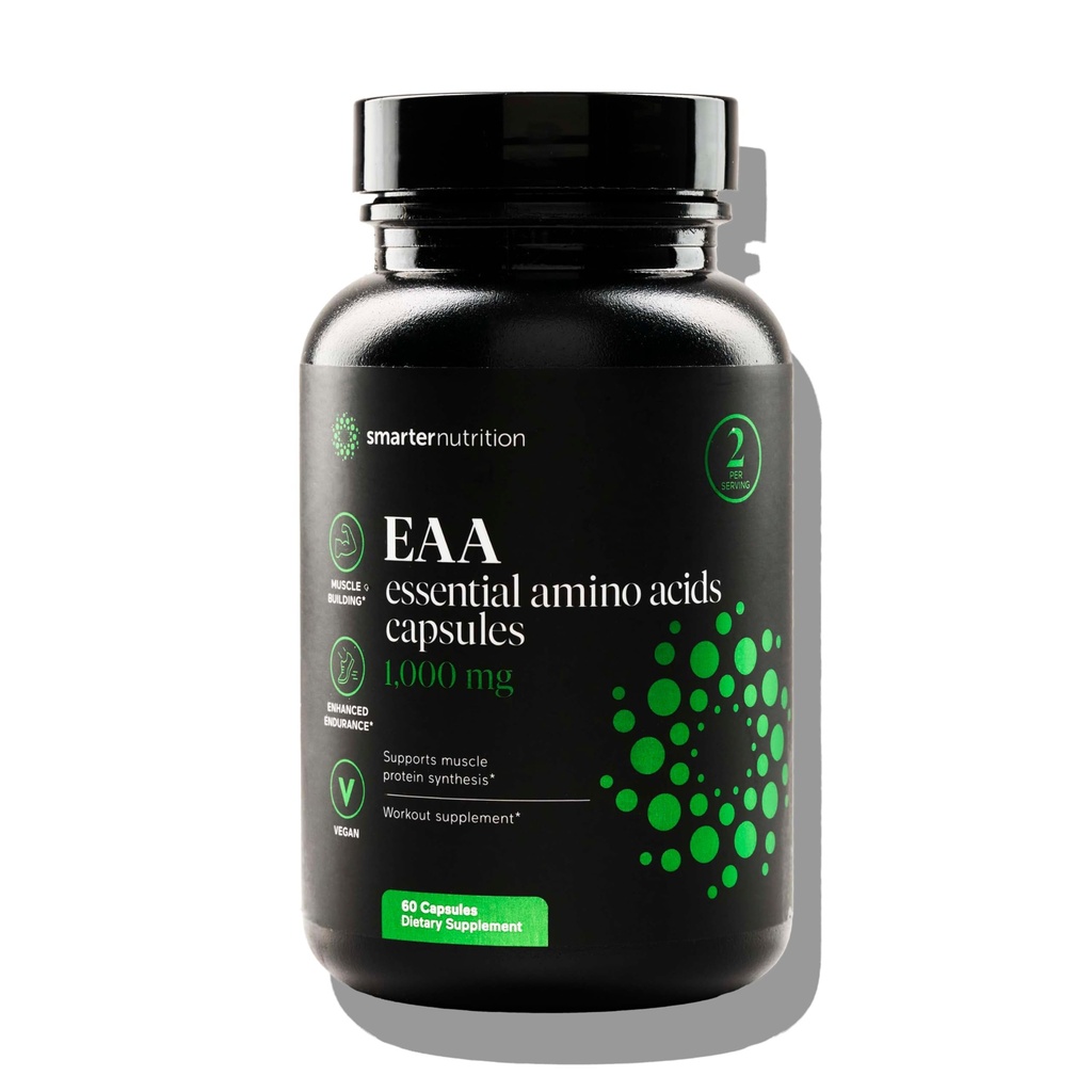 SMARTERNUTRITION Capsules d'acides aminés essentiels (AEA) - 1 gramme par portion des 9 AEA - Supporte la masse musculaire et l'exercice - Non-OGM, végétalien, sans gluten - 60 comtes[30 jours]