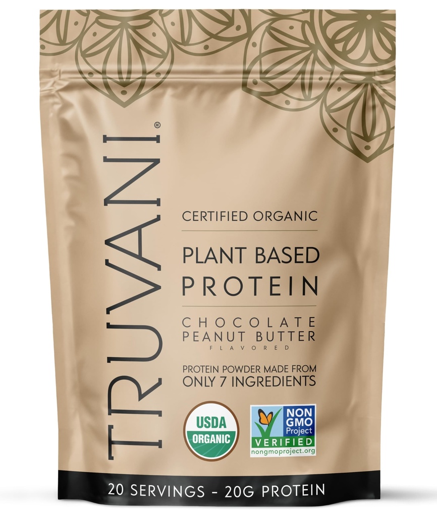 Truvani Poudre de protéines de pois végétaliens au chocolat Beurre d'arachides au chocolat 20g Protéine biologique à base de plantes 20 portions