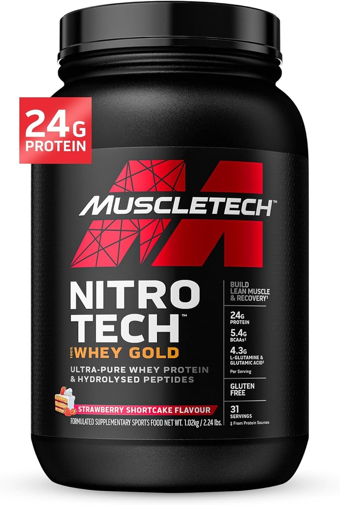Whey Protein Powder , MuscleTech Nitro-Tech Whey Gold Protein Powder , Whey Protein Isolate Smoothie Mix , Protein Powder for Women & Men, Erdbeerprotein Powder, 2 lbs (28 Serv)-Package variiert