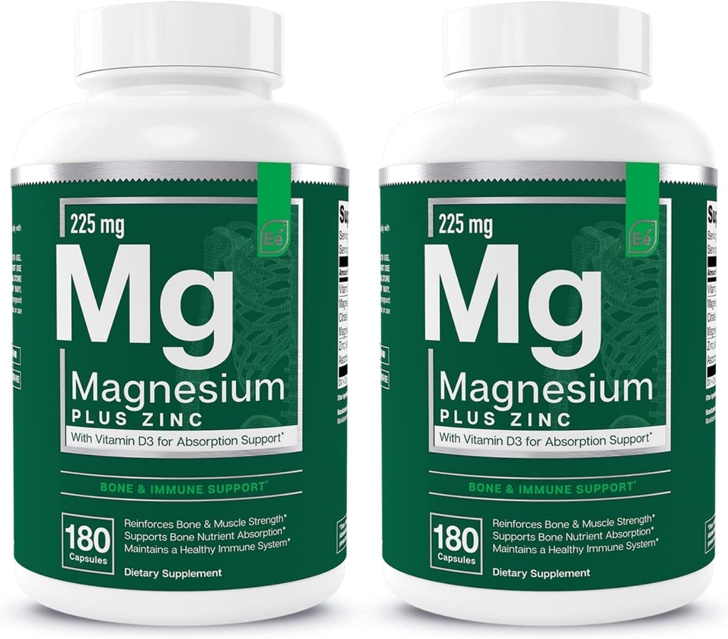 Wesentliche Elemente Magnesium Plus Zink mit Vitamin D3 | Wissenschaftlich geformtes Herz, Knochen & Muskel-Unterstützung | 225mg Triple-Strength Magnesium Complex mit Glycinat, Malat, Citrat | 360 Count