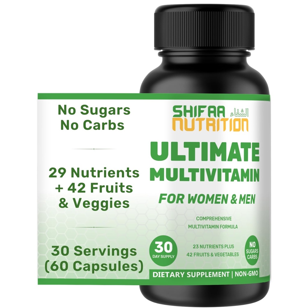 SHIFAA NUTRITION Halal Multivitamine für Frauen, Männer & Erwachsene, 30 Servierungen | Eisen, Vitamin A, B6, B12, Biotin, Niacin, C, D3, E, Zink, Calcium, Folsäure, CoQ10 | Halal Vitamine