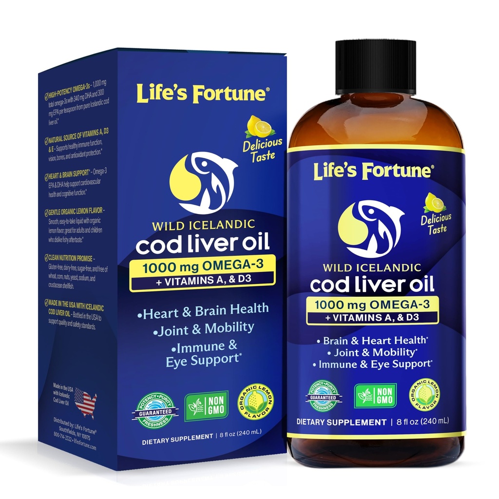 Life's Fortune Cod Liver Oil Liquid Organic Lemon Flavor (8 Oz) 1.000 mg Omega + Vitamin A, E & D3 - Unterstützt Immungesundheit - 100% Fischölergänzung von Wild Ocean Cod-GMO Free