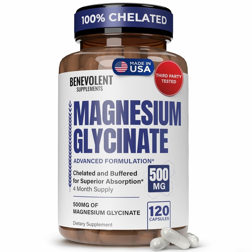 Magnesium Glycinate 500mg - Chelat & Buffered High Absorption Magnesium Supplement zur Unterstützung Stress-Relief, Verdauung, Knochen, Schlaf, Nerven & Muskel-Gesundheit - Made in USA - 120 Vegan Kapseln