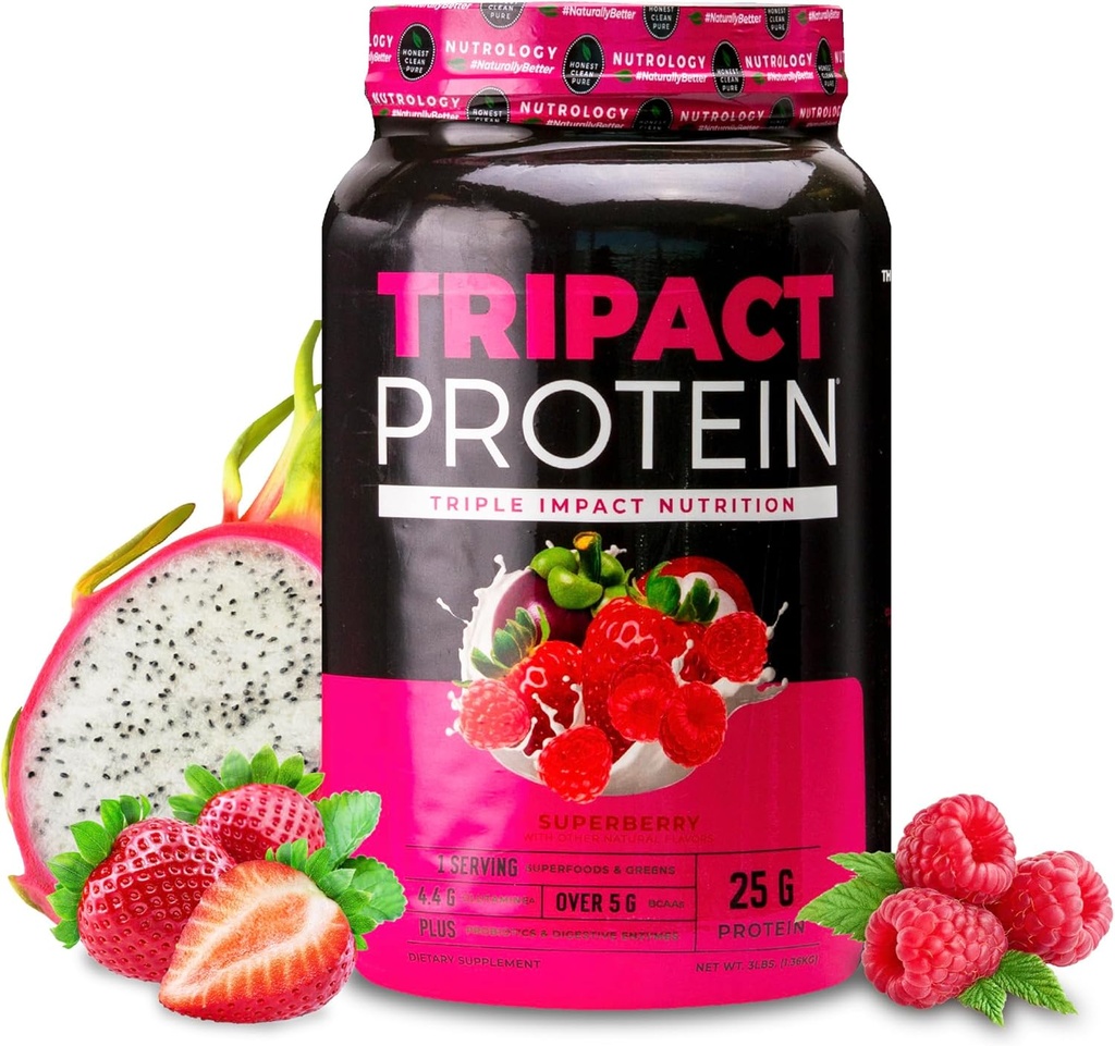 Nutrologie TRIPACT Protein Pulver - 7-in-1 Meal Ersatz Shake mit Gras Fed Whey Protein Pulver, Pea, Reis, Grüns für Muskel-Recovery & Immunität, Superberry Flavor, 40 Servierungen