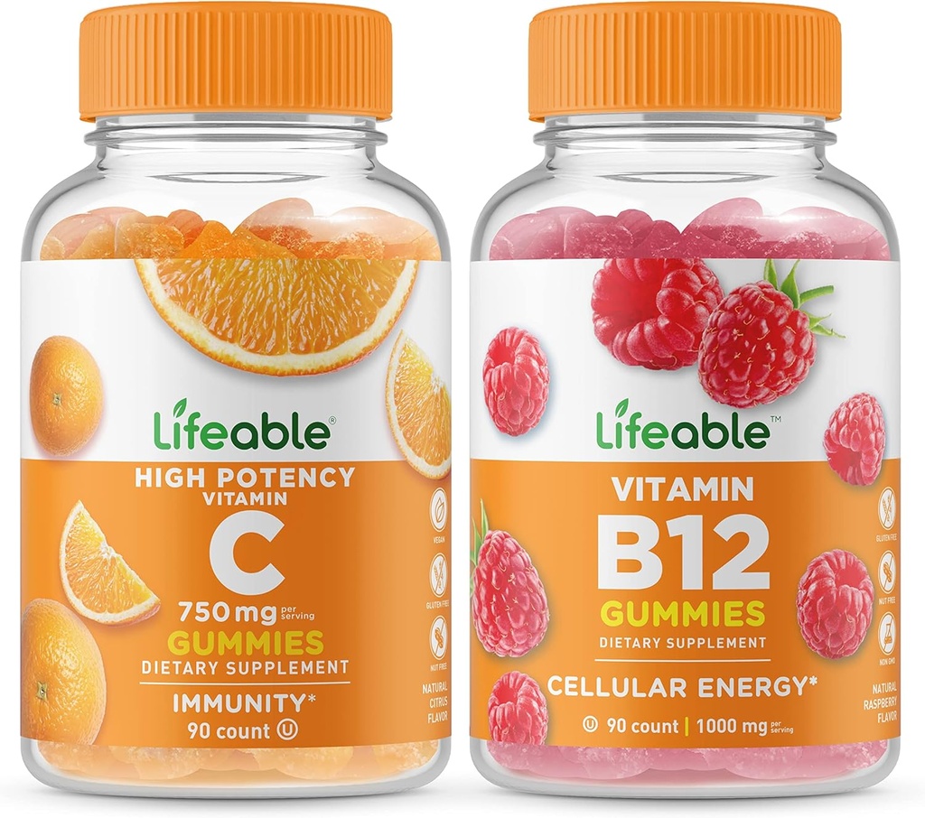 Lebensfähiges Vitamin C 750mg + Vitamin B12, Gummis Bundle - Große Verkostung, Vitaminergänzung, Glutenfrei, GMO frei, Kaugummi