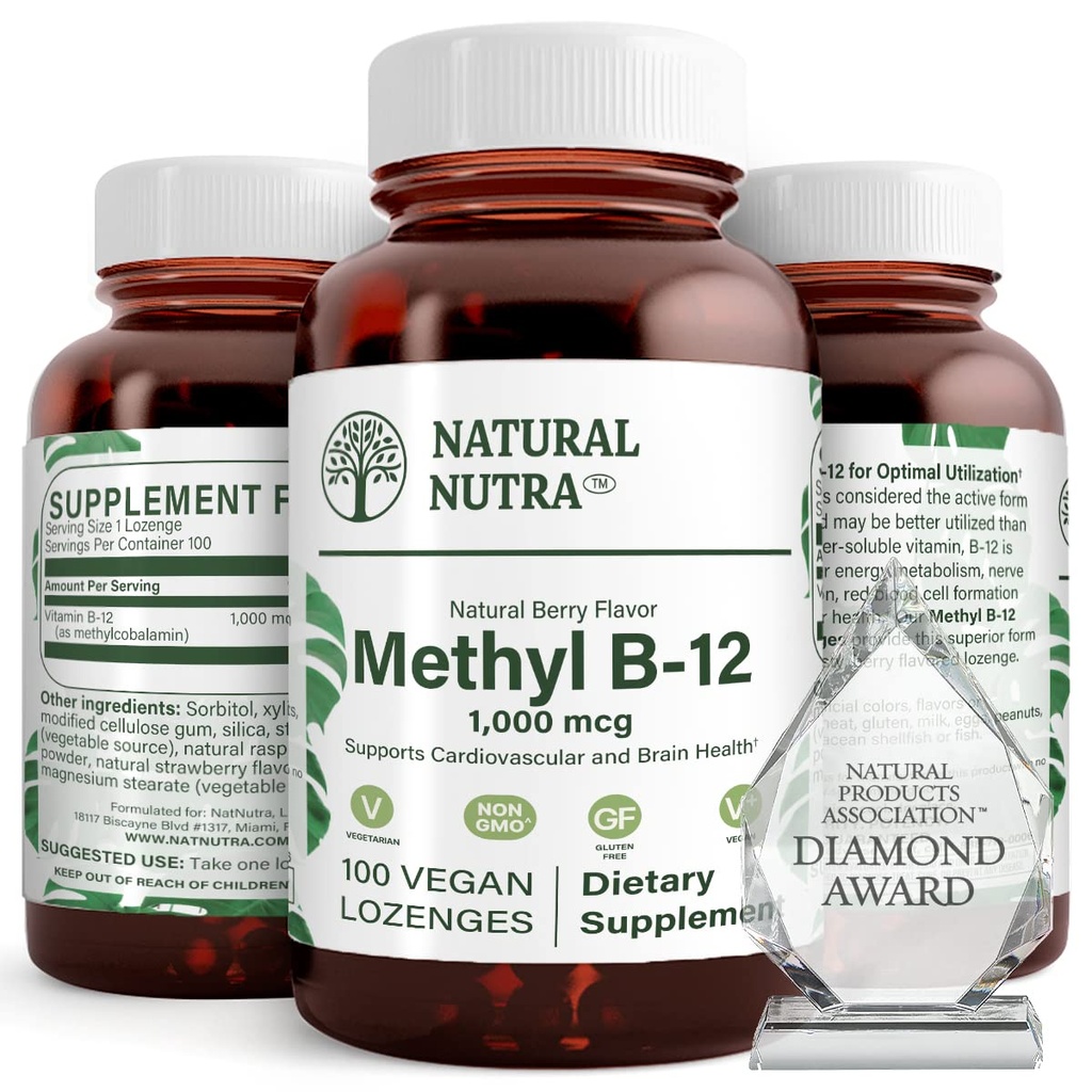 Natural Nutra Vegan Methyl B12 1000mcg, supplément pour stimuler la santé cardiaque et l'énergie, sans gluten, soutenir la transformation énergétique, améliorer la réponse immunitaire, aider la fonction cérébrale, 100 légumes végétaliens