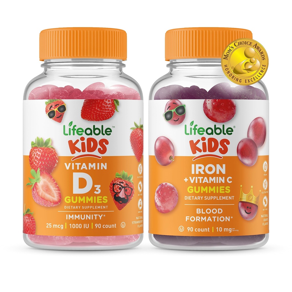 Lebensfähiges Vitamin D Kinder + Eisen & Vitamin C Kinder, Gummis Bundle - Große Verkostung, Vitamin-Ergänzung, Glutenfrei, GVOfrei, Kaugummi