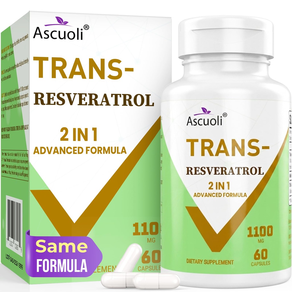 99% Ultra Purity Trans-Resveratrol 1100mg, 3-in-1 Advanced Formula Organic Resveratrol Supplement, Max Antioxidant, Anti-Aging, Hautgesundheit, Zellreparatur, Boost NAD+, Immune & Energy, 60 Caps