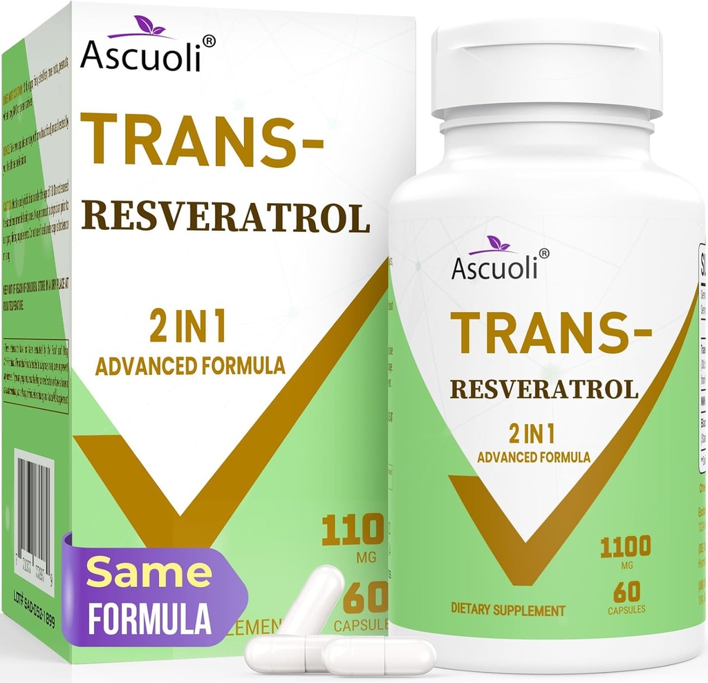 99% Ultra Purity Trans-Resveratrol 1100mg, 3-in-1 Advanced Formula Organic Resveratrol Supplement, Max Antioxidant, Anti-Aging, Hautgesundheit, Zellreparatur, Boost NAD+, Immune & Energy, 60 Caps