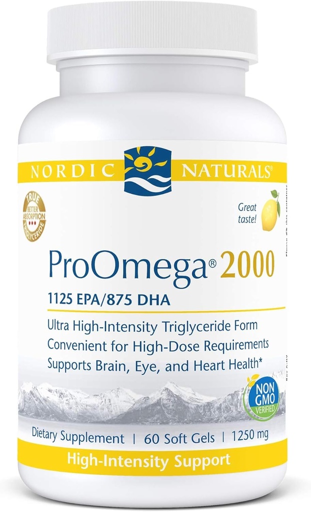 Nordic Naturals ProOmega 2000, Lemon Flavor - 2150 mg Omega-3 - 60 Soft Gels - Ultra High-Potency Fish Oil - EPA & DHA - Fördert Gehirn, Auge, Herz und Immune Gesundheit - Non-GMO - 30 Servietten