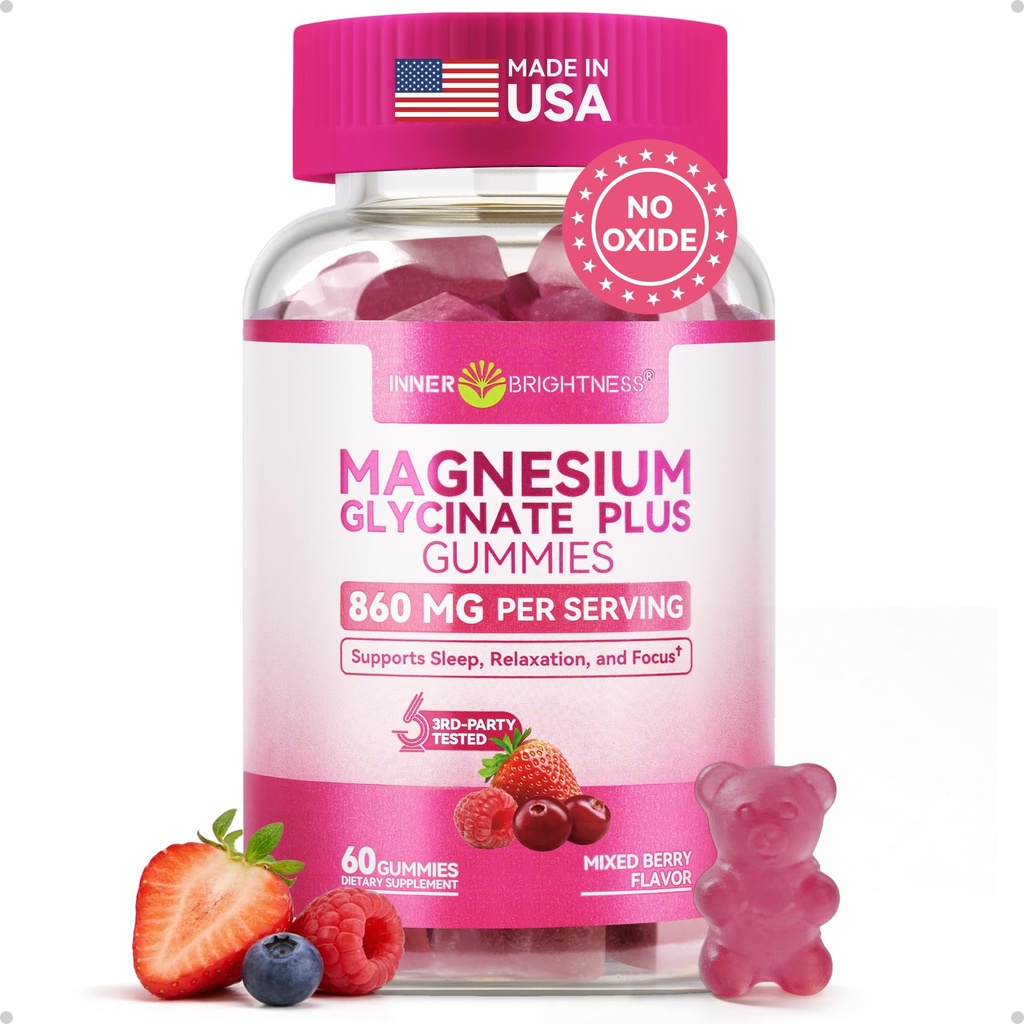 Gommies glycinées de magnésium 600mg, Non-OGM, Sans gluten, Gommies de magnésium pour adultes et enfants, Sommeil, Relaxation et Focus, Flaveur de baies mixtes, 60 Nombre
