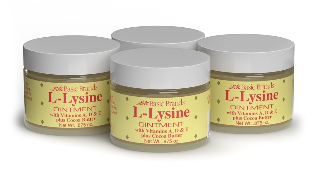 Marques de base - Onguent L-Lysine - 0,875 oz - Lysine Traitement des plaies froides et soulagement de la plaquette - Lèvres apaisantes – 4 paquets