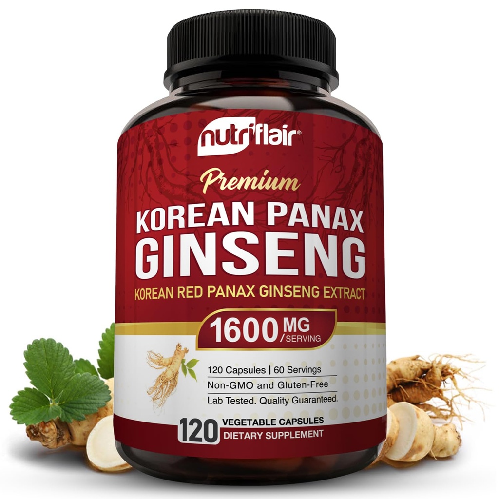 NutriFlair Korean Red Panax Ginseng 1600mg – 120 Capsules Vegan: 5% Ginsénosides: 5% Non-OGM, sans gluten, sans énergie naturelle et support de focus