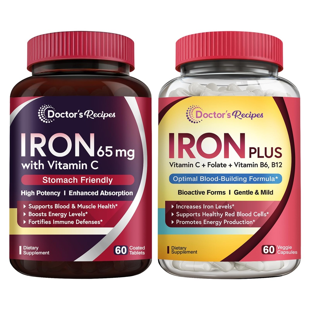 Arzt Rezepte Eisen 65 mg & Eisen Plus Bundle, Gesunde Eisen Levels & Blut Unterstützung, Eisen Tabletten 60 ct & Eisen Kapseln 60 ct