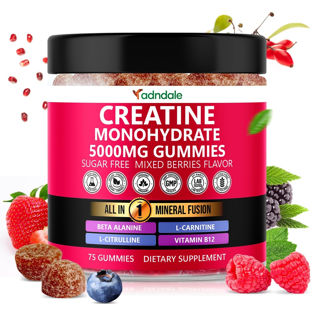 Adndale Creatine Monohydrate Gummi für Männer & Frauen, 5000mg pro Servieren Kreatin Ergänzung mit Beta-Alanine, L-Citrulline & B12 - 75 Vegan Gummis. Zuckerfrei