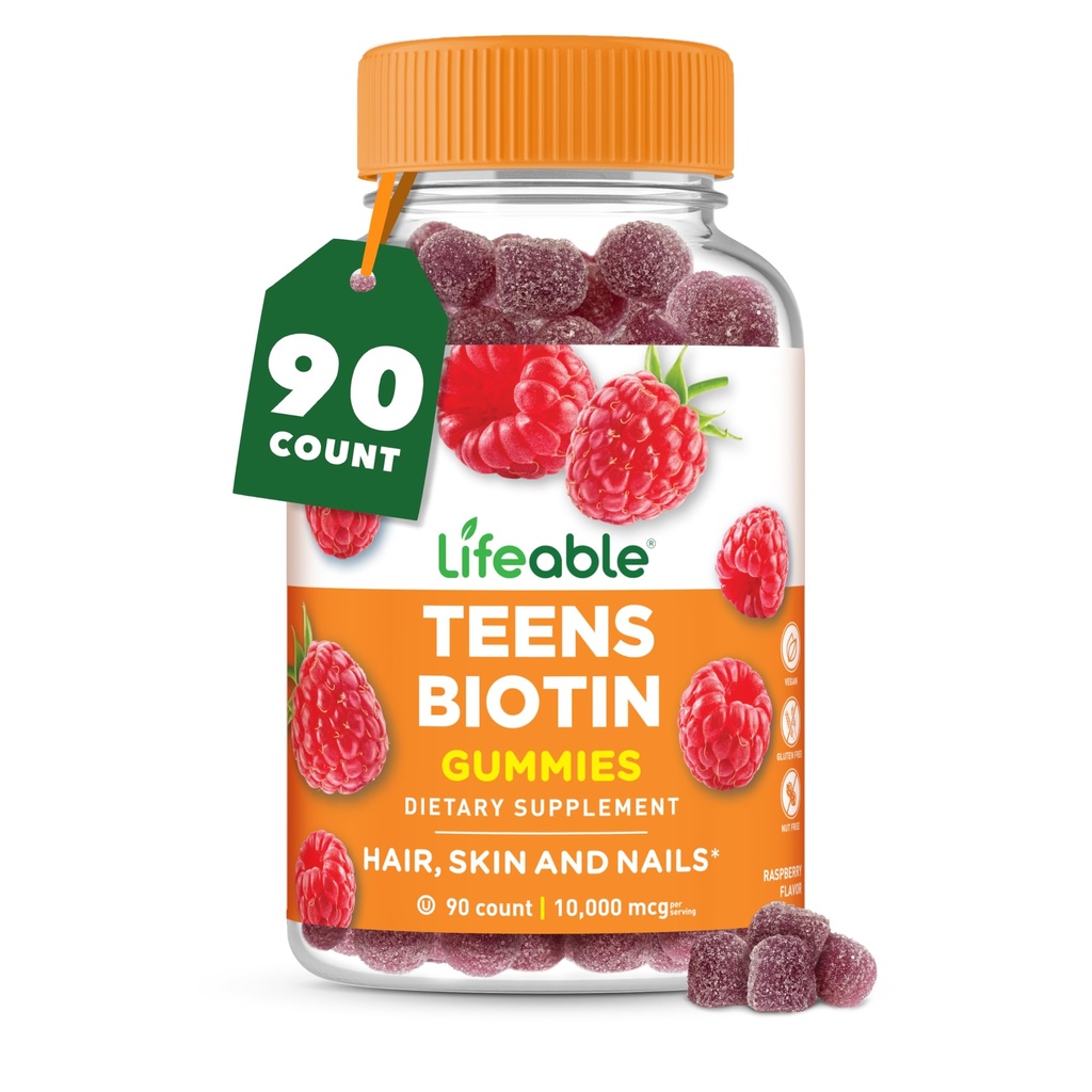 Lebensfähige Teens Biotin 10000mcg Gummis | Vitamin B7 | Vegan Biotin Supplement | Große Verkostung Biotin Gummis für Haarwachstum, Gesunde Haut und Nägel | Biotin Vitamine für Teens | 90 Gummie