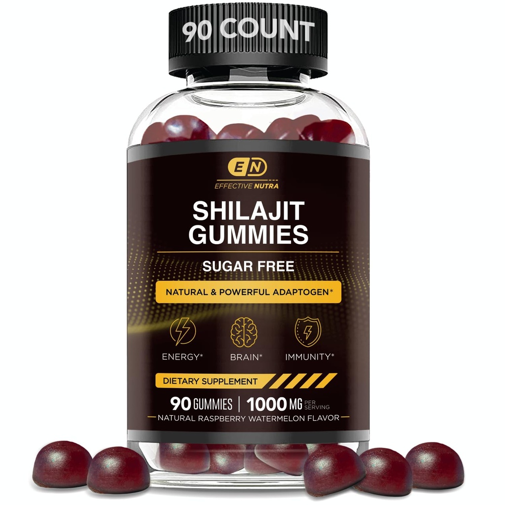 EFFECTIVE NUTRA Shilajit Gummies 1000mg | Pure Shilajit Harz für Energie, Gehirn & Immunität | Ergänzung für Männer & Frauen | Sugar-Free, Vegan, Gluten-Free | Natürliche Berry Flavor, Made in USA (90ct)