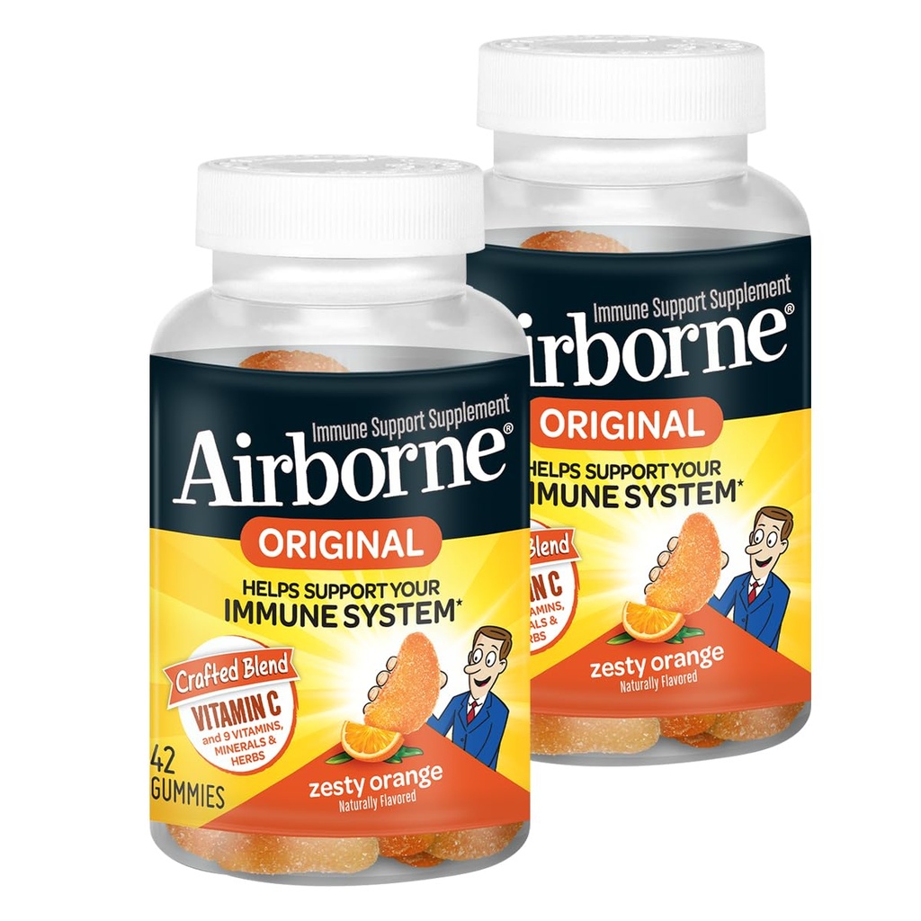 Airborne 750mg Vitamin C Immununterstützungsergänzung für Erwachsene, Zesty Orange Flavor, Glutenfreie Crafted Blend mit leistungsstarken Antioxidantien Vitamine C & E, 42 Gummi (2 Pack)