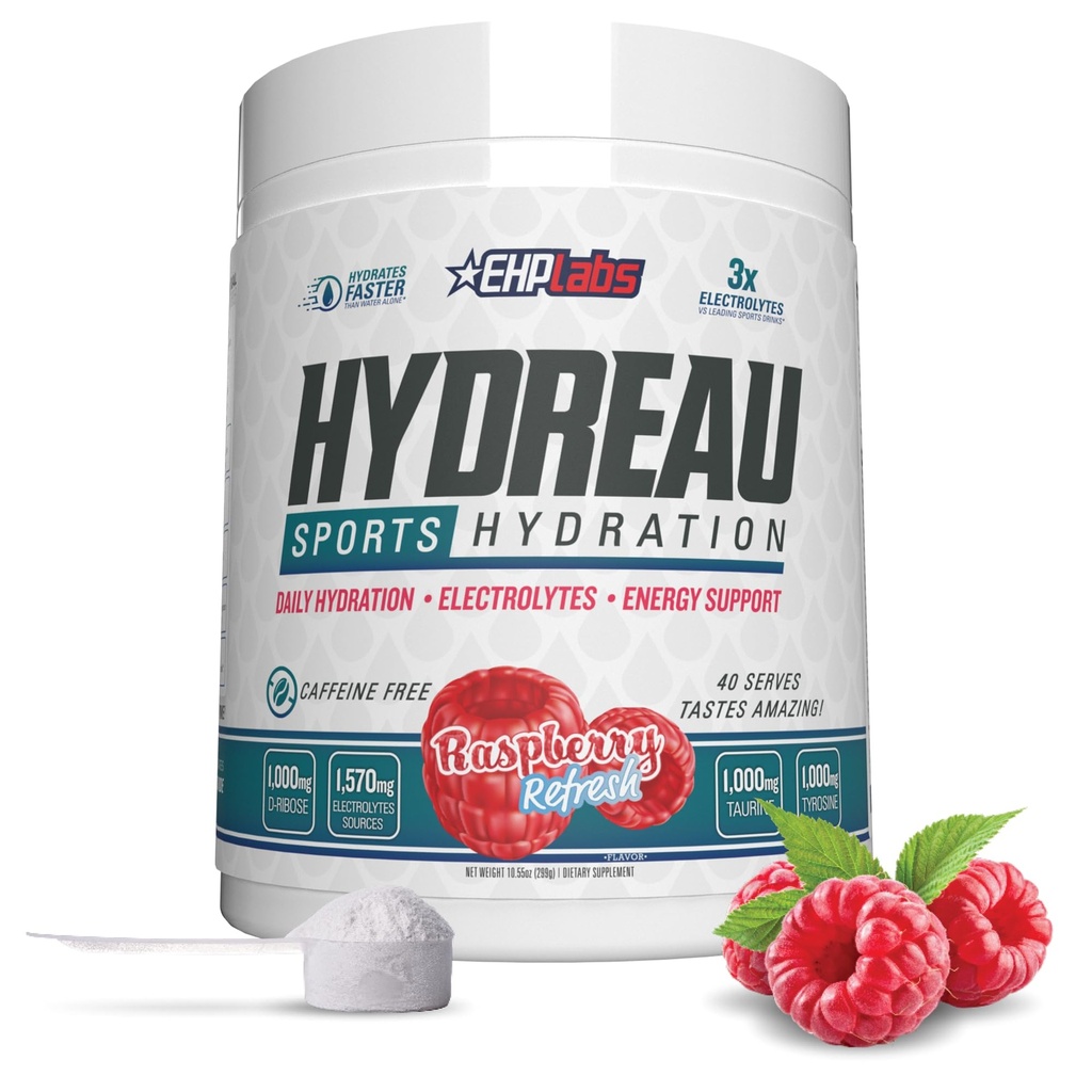 EHP Labs Hydreau Elektrolyte Pulver Kein Zucker - Hydration Pulver für Endurance & Energie - Elektrolytpulver für Männer & Frauen - Zuckerfreie Elektrolyte - Raspberry Refresh (40 Serves)