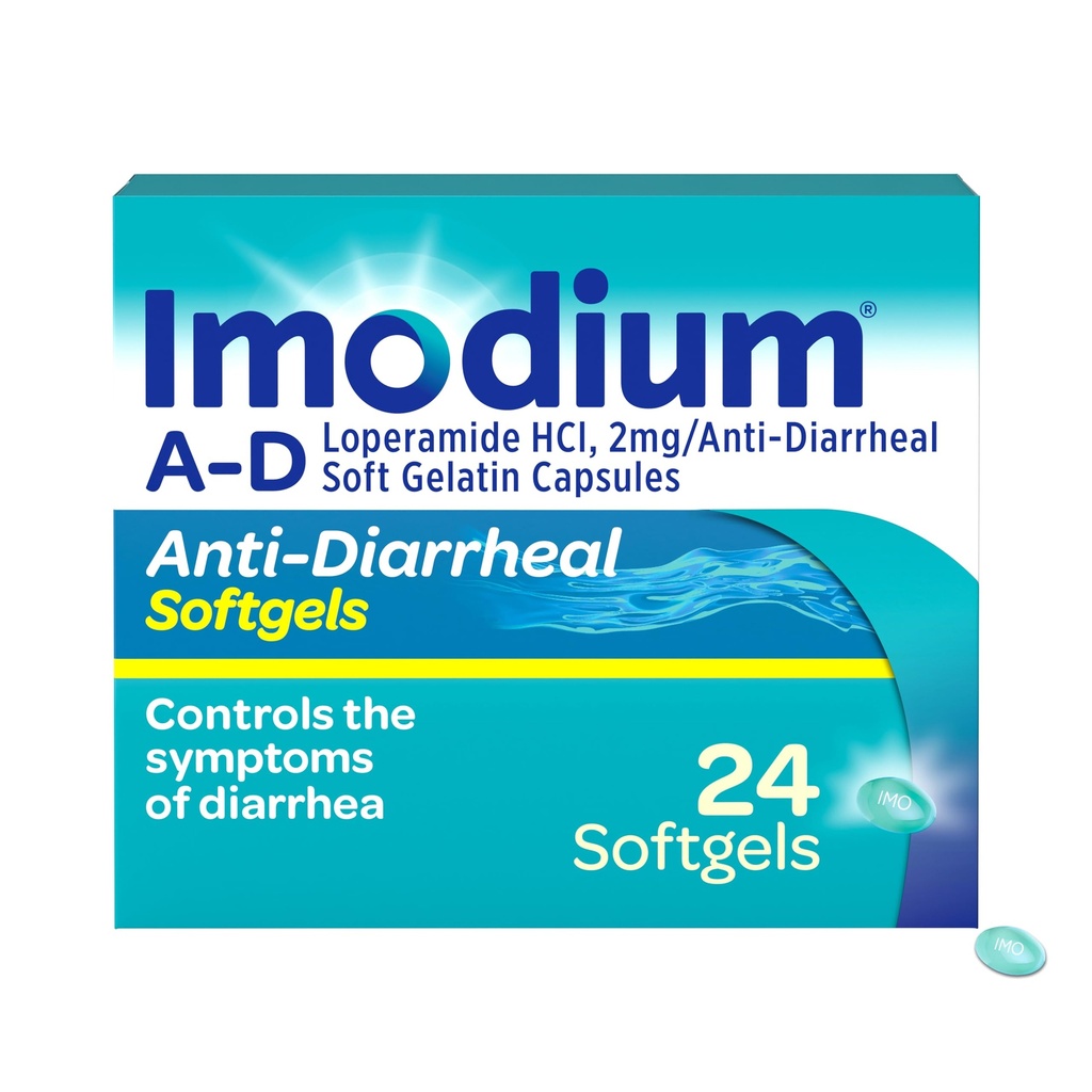 Imodium A-D softgels anti-diarrhéiques à action rapide, Loperamide HCl 2 mg, Médicament de soulagement de la diarrhée essentielle pour les adultes, 24 comtes, pilules anti-diarrhée, 12 ans et plus, facile à avaler