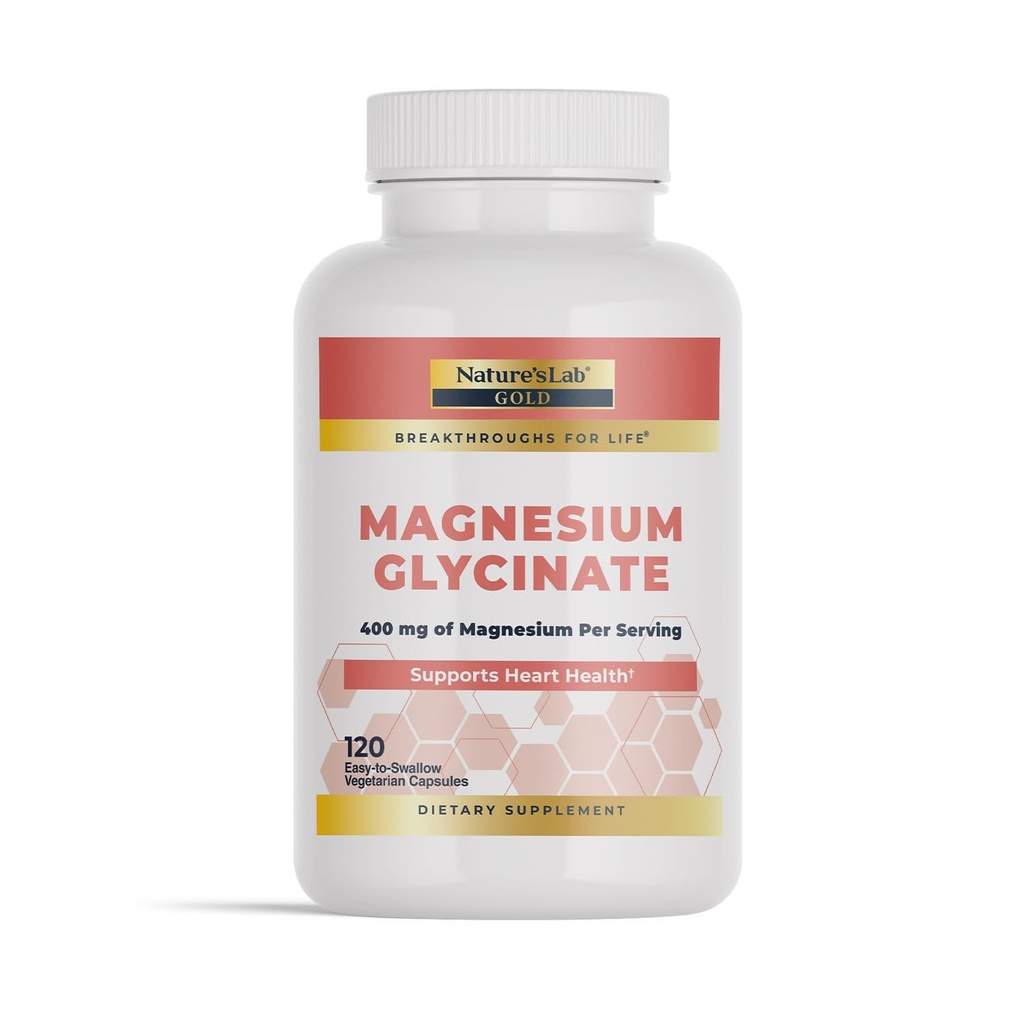 NatureS Lab Gold Magnésium Glycinate 400mg - Soutient la santé cardiovasculaire, la fonction musculaire et nerveuse* – 120 capsules (30 jours d'approvisionnement)
