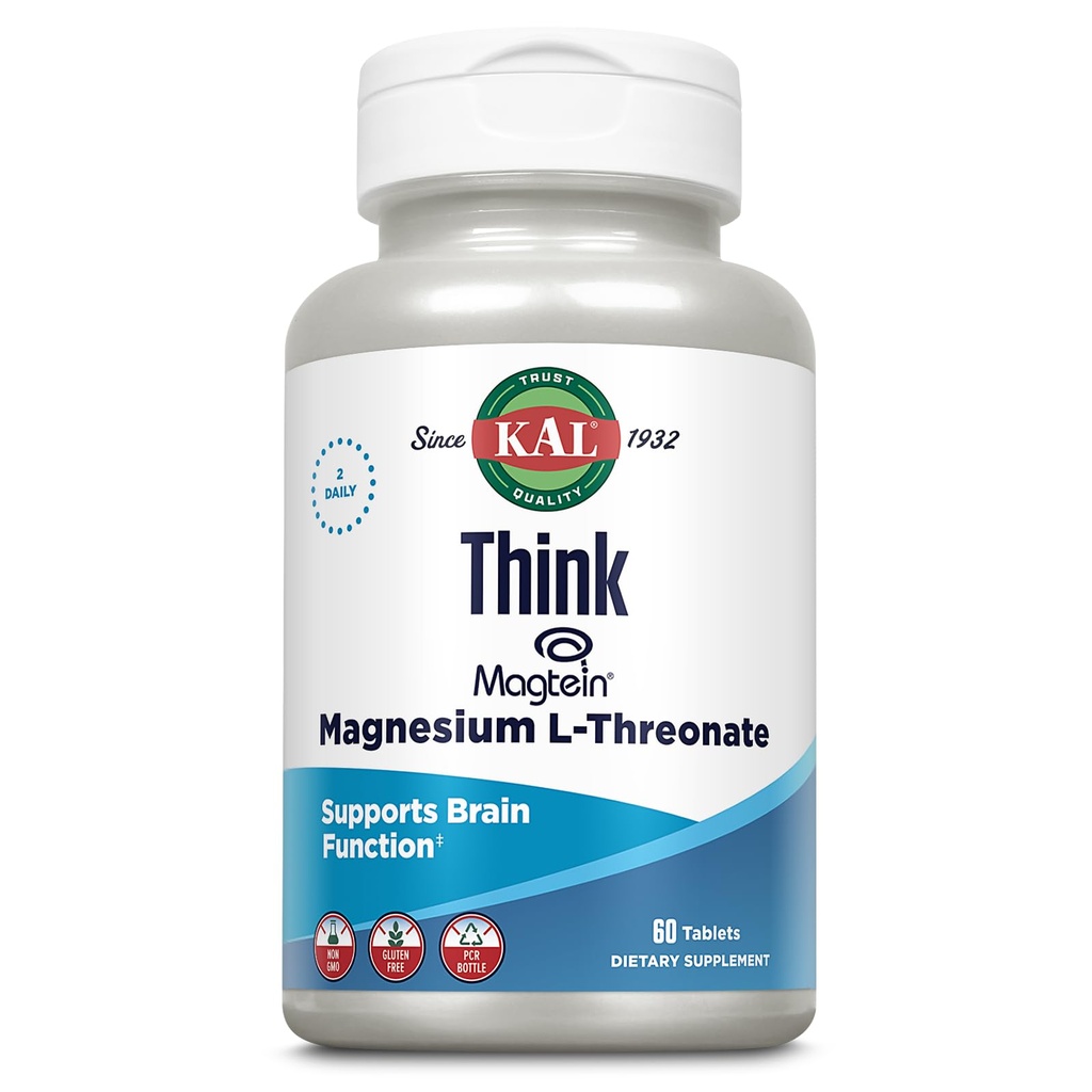 KAL Think Magnesium L-Threonate 2000 mg | Lernen, Gehirn Gesundheit & Gedächtnis Funktion Unterstützung w/Magtein | Vegan, keine Gluten & Non-GMO | 60 Tabletten