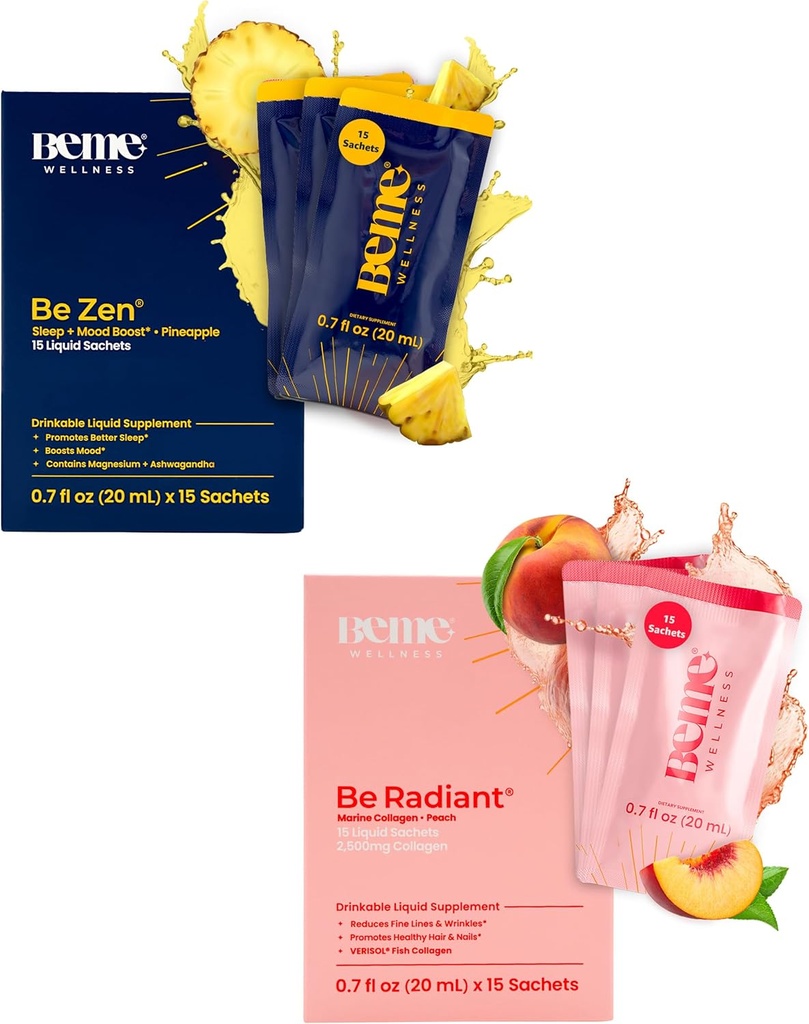 BeMe BeRadiant Peach & BeZen Bundle - Compléments pour collagène liquide et glycinate de magnésium L-Theanine