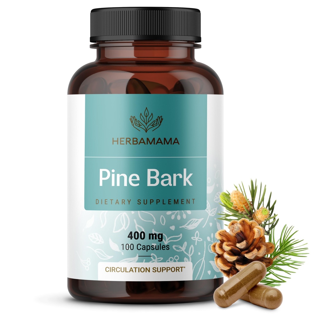 HERBAMAMA Pine Bark Extrakt Kapseln - 400mg Französisch Maritime Pine Bark Extrakt Pulver für Antioxidans Unterstützung - Vegan, Non-GMO Pinus Pinaster Supplement