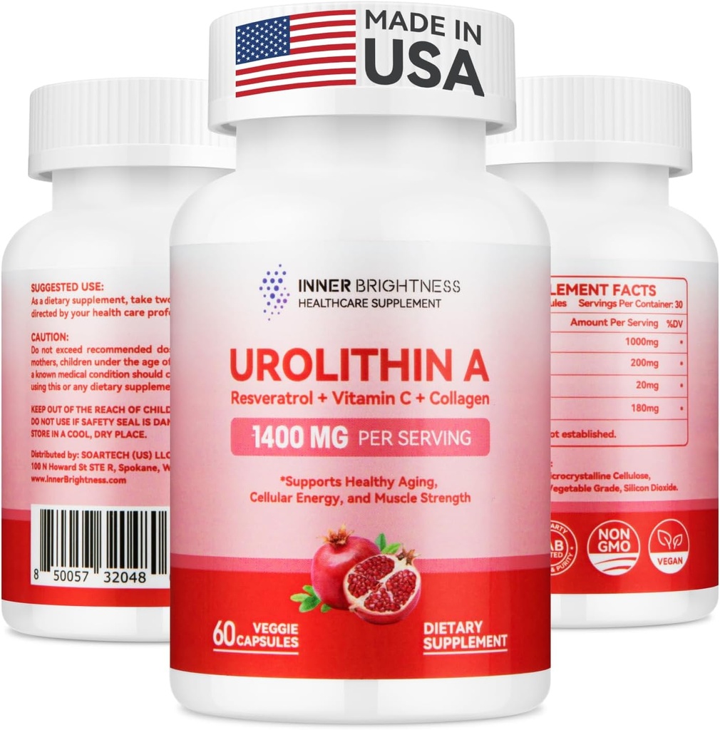 Urolithine A Supplément 1400 MG - Non-OGM, sans gluten, anti-âge, renouvellement cellulaire, force musculaire, support d'endurance et de longévité, urolithine liposomique A, compte 60