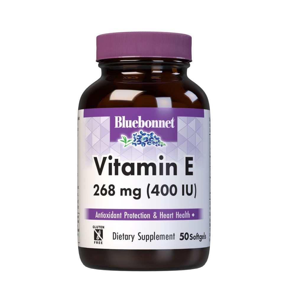 Bluebonnet Nutrition Vitamine E 400 UI (268 mg) Tocophérols mélangés Softgels, Portion Radicale Libre et Support Cardiovasculaires, Sans gluten, Sans lait, 50 Softgels, 50 portions