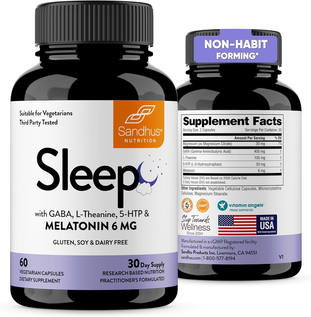Sandhu's Sleep 60 Kapseln – Non-Habit Forming 5-in-1 Schlafhilfe Supplement mit Melatonin, Magnesium, GABA, L-Theanin & 5-HTP
