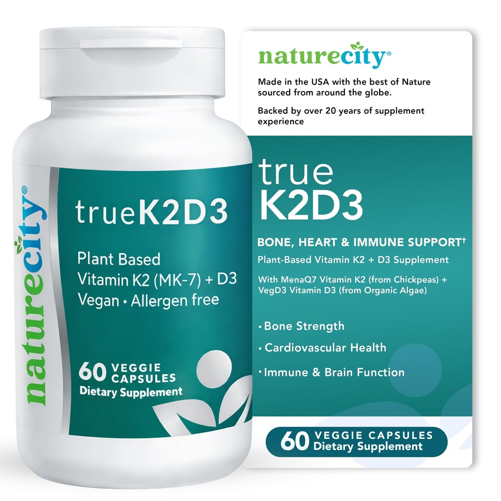 NatureCity TrueK2D3 Pflanzenbasiertes Vitamin K2 MK7 (90 mcg) & D3 von Algae(2.500 IU) 2 in 1 Vitamin D3 K2 Nahrungsergänzung für Knochen, Herz und Immungesundheit – 60 Veggie Kapseln