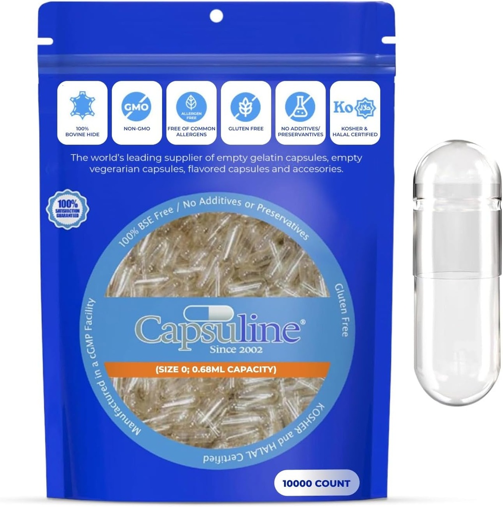 Capsuline Größe 0 Leere Gelatine Kapseln, Klar - 10000 Graf | Glutenfrei, Kosher, nicht-GMO zertifiziert | Pure Bovine Pillen Caps für DIY Ergänzung Füllung